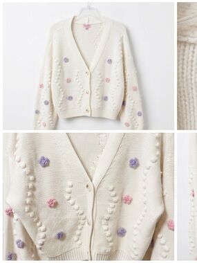 Mi Ami Francesa's Cream Knit Button Cardigan Floral Purple Pink Pom Poms XL